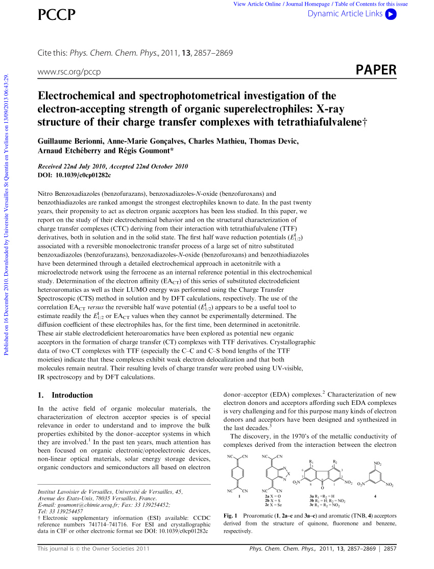 Pdf Electrochemical And Spectrophotometrical Investigation Of The Electron Accepting Strength Of Organic Superelectrophiles X Ray Structure Of Their Charge Transfer Complexes With Tetrathiafulvalenew