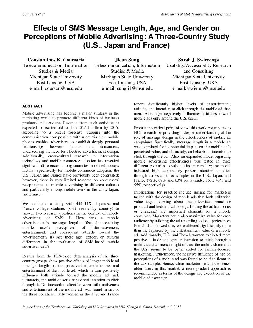 Pdf Effects Of Sms Message Length Age And Gender On Perceptions Of Mobile Advertising A Three Country Study U S Japan And France