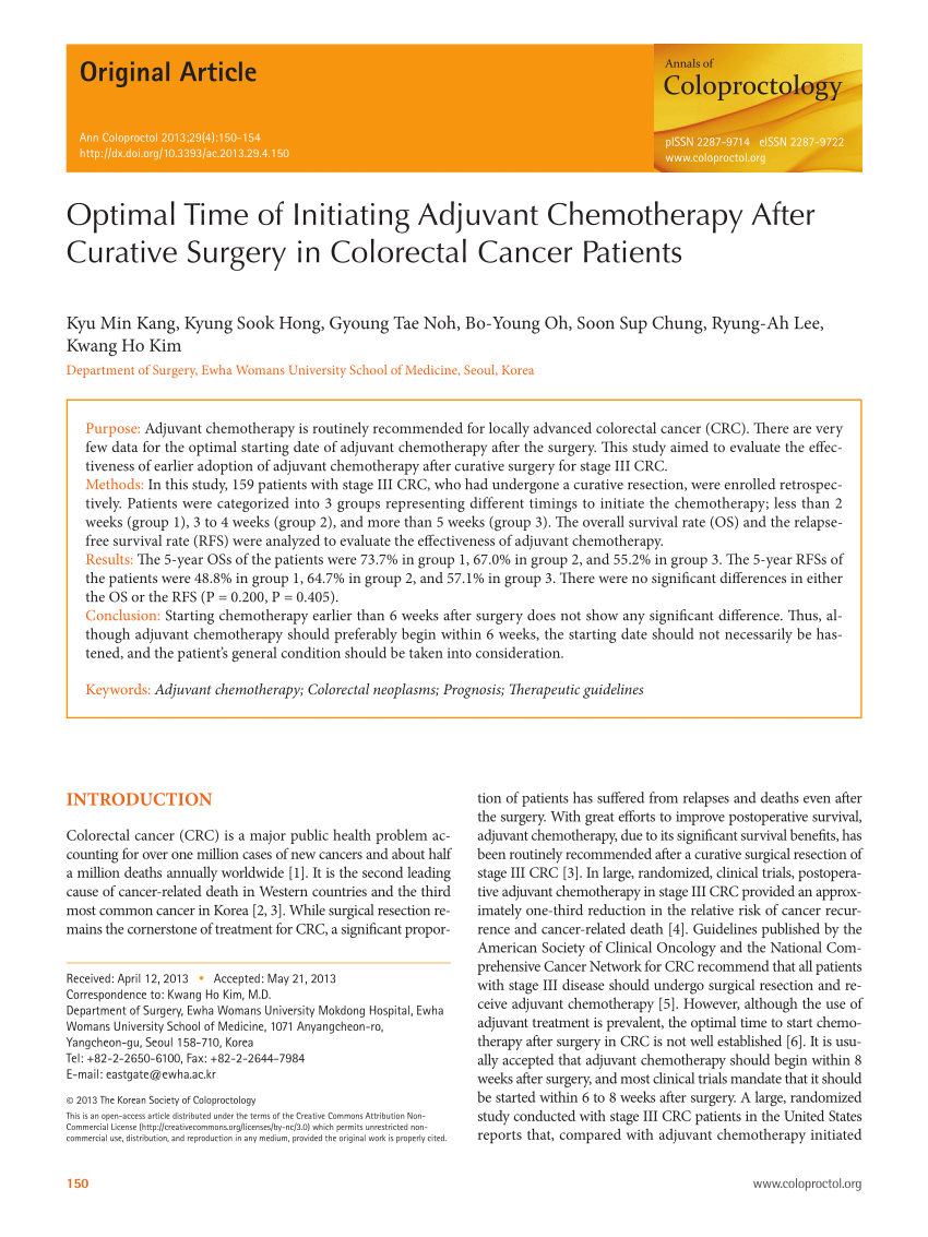 Pdf Optimal Time Of Initiating Adjuvant Chemotherapy After Curative Surgery In Colorectal