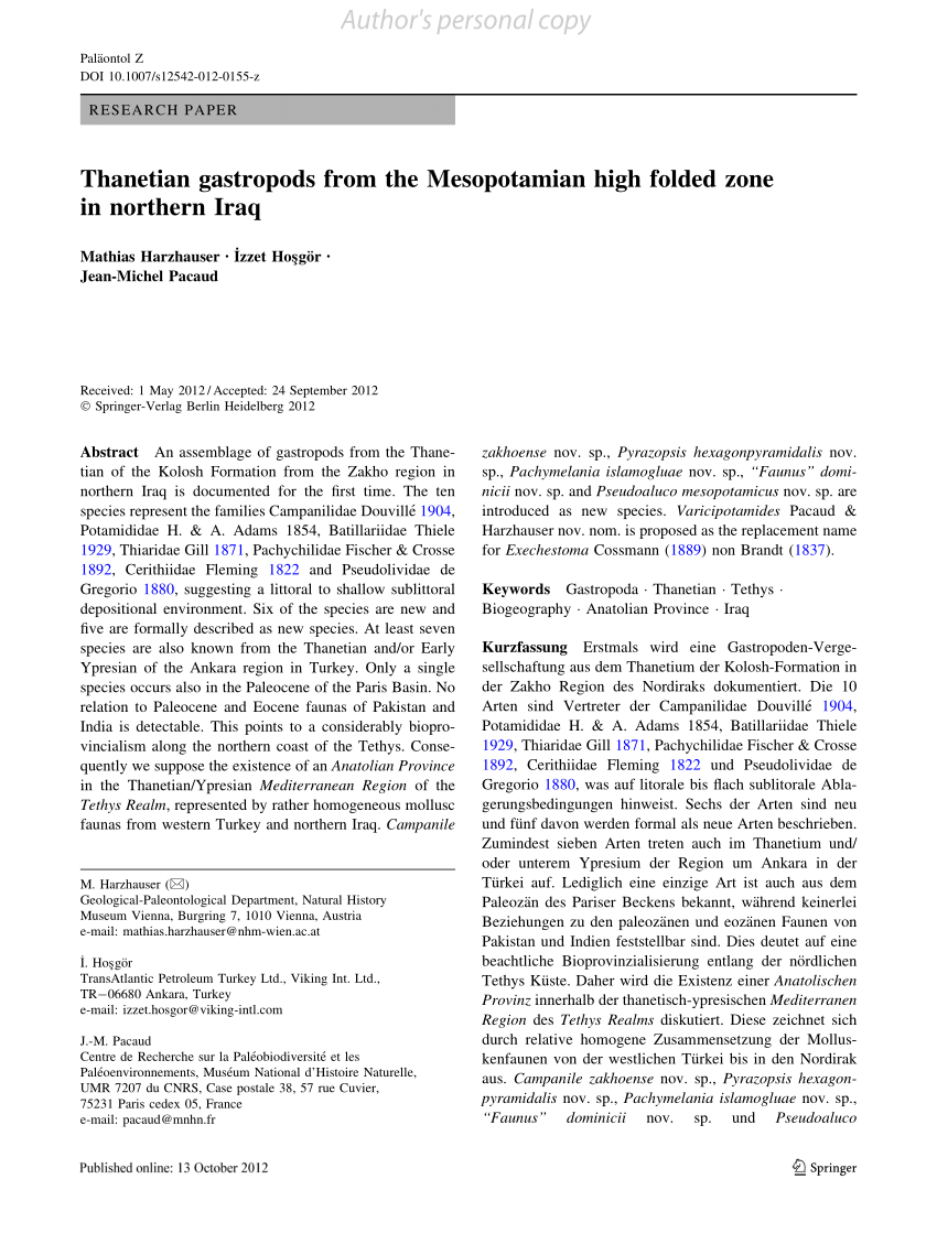Pdf Thanetian Gastropods From The Mesopotamian High Folded Zone