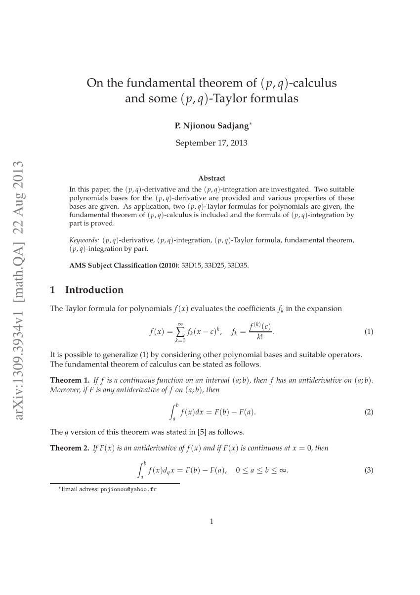 Pdf On The Fundamental Theorem Of P Q Calculus And Some P Q Taylor Formulas