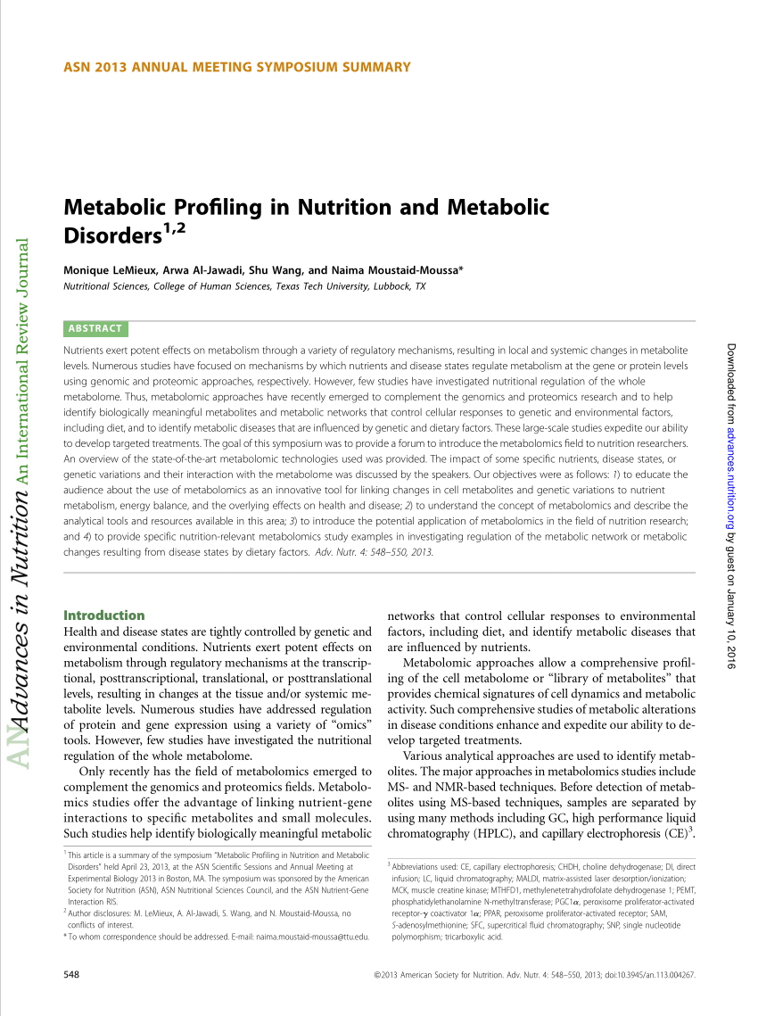 PDF) Metabolic Profiling in Nutrition and Metabolic Disorders