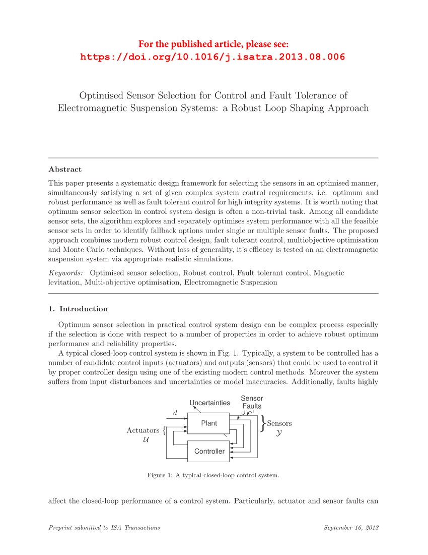PDF) Optimised sensor selection for control and fault tolerance of ...
