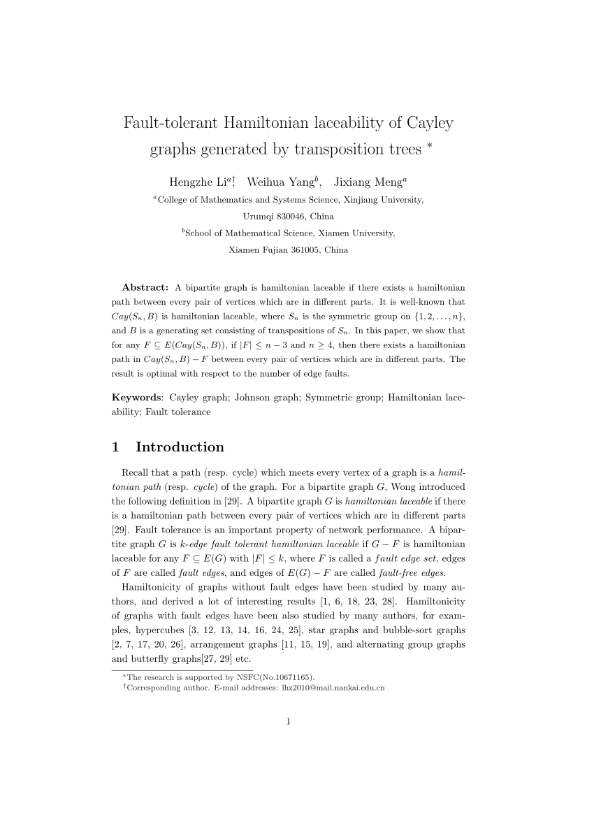 (PDF) Fault-tolerant Hamiltonian laceability of Cayley graphs generated ...