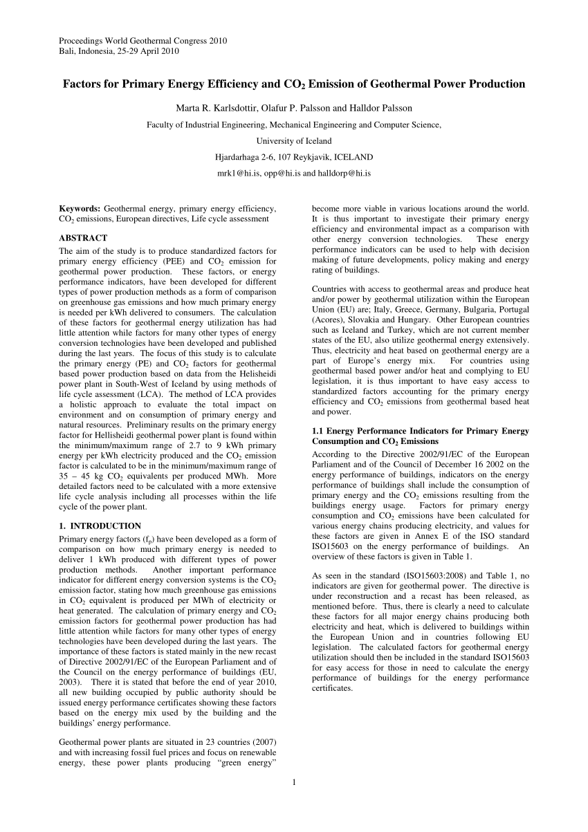 Pdf Factors For Primary Energy Efficiency And Co 2 Emission Of Geothermal Power Production