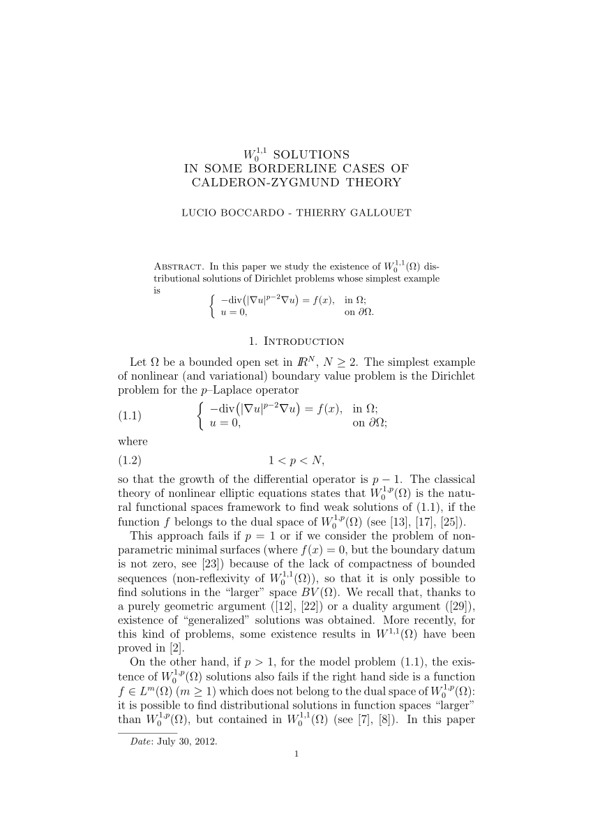(PDF) W01,1 solutions in some borderline cases of Calderon–Zygmund theory