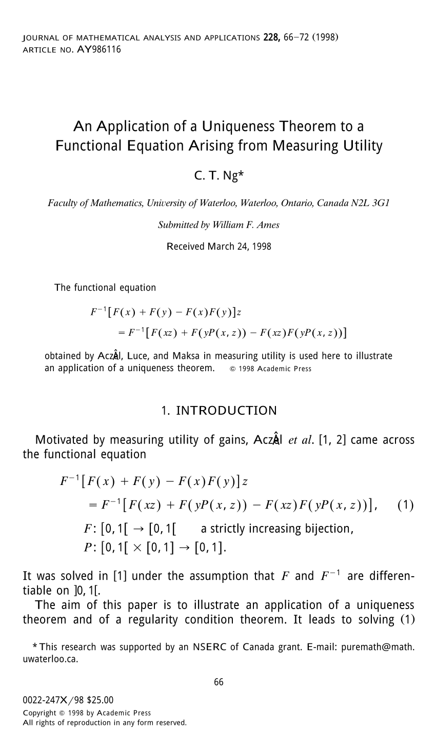 Pdf An Application Of A Uniqueness Theorem To A Functional Equation Arising From Measuring Utility