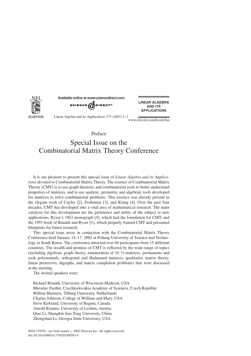 Pdf Special Issue On The Combinatorial Matrix Theory Conference