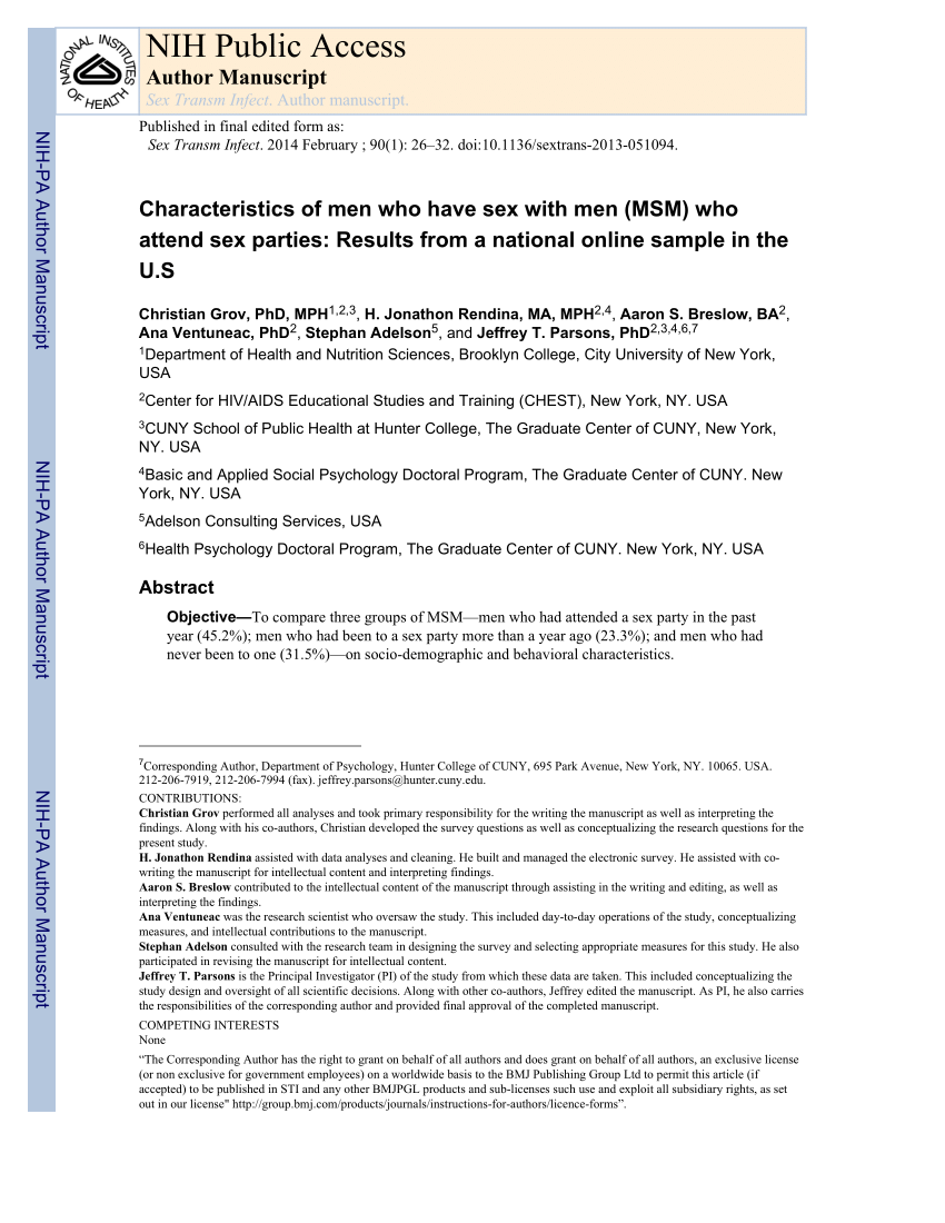 PDF) Characteristics of men who have sex with men (MSM) who attend sex  parties: Results from a national online sample in the USA