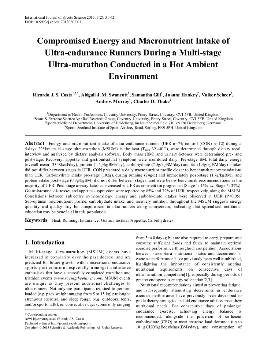 Pdf Compromised Energy And Nutritional Intake Of Ultra Endurance Runners During A Multi Stage Ultra Marathon Conducted In A Hot Ambient Environment
