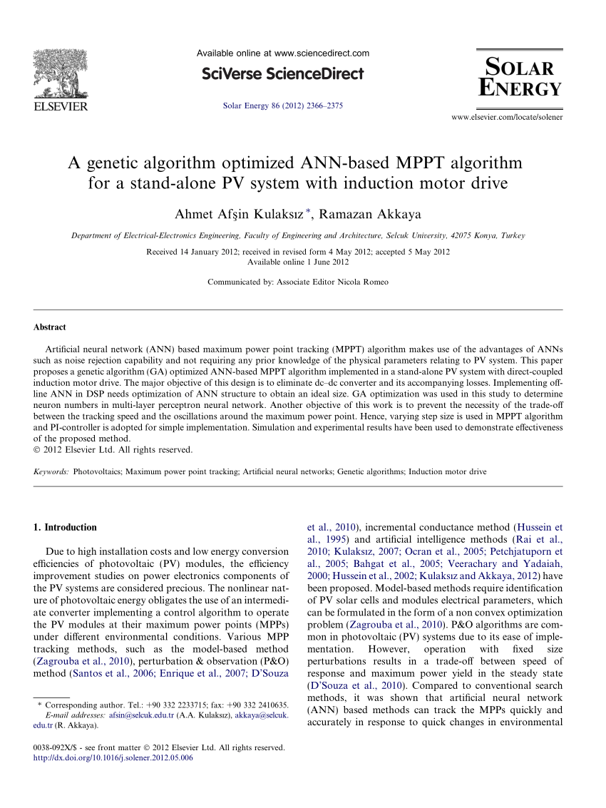 Pdf A Genetic Algorithm Optimized Ann Based Mppt Algorithm For A Stand Alone Pv System With Induction Motor Drive