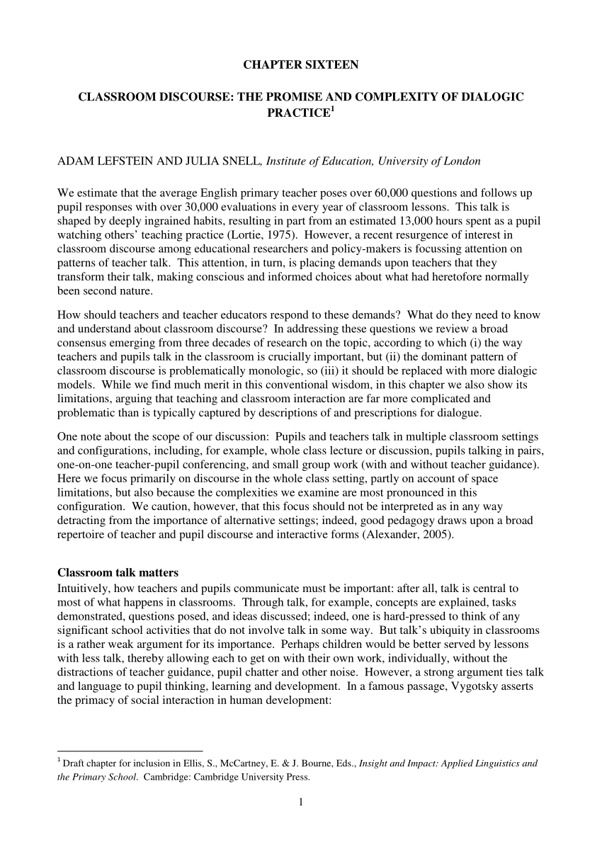 (PDF) Classroom discourse: the Promise and Complexity of Dialogic Practice