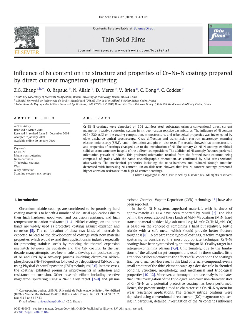 Pdf Influence Of Ni Content On The Structure And Properties Of Cr Ni N Coatings Prepared By Direct Current Magnetron Sputtering