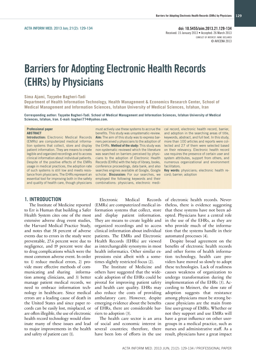 The Adoption Of Electronic Health Records