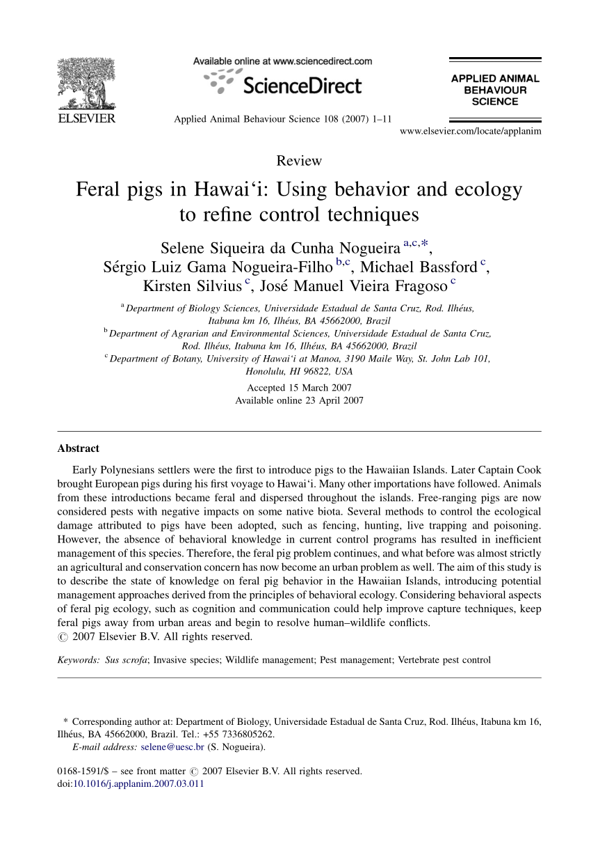 Pdf Feral Pigs In Hawai I Using Behavior And Ecology To Refine Control Techniques