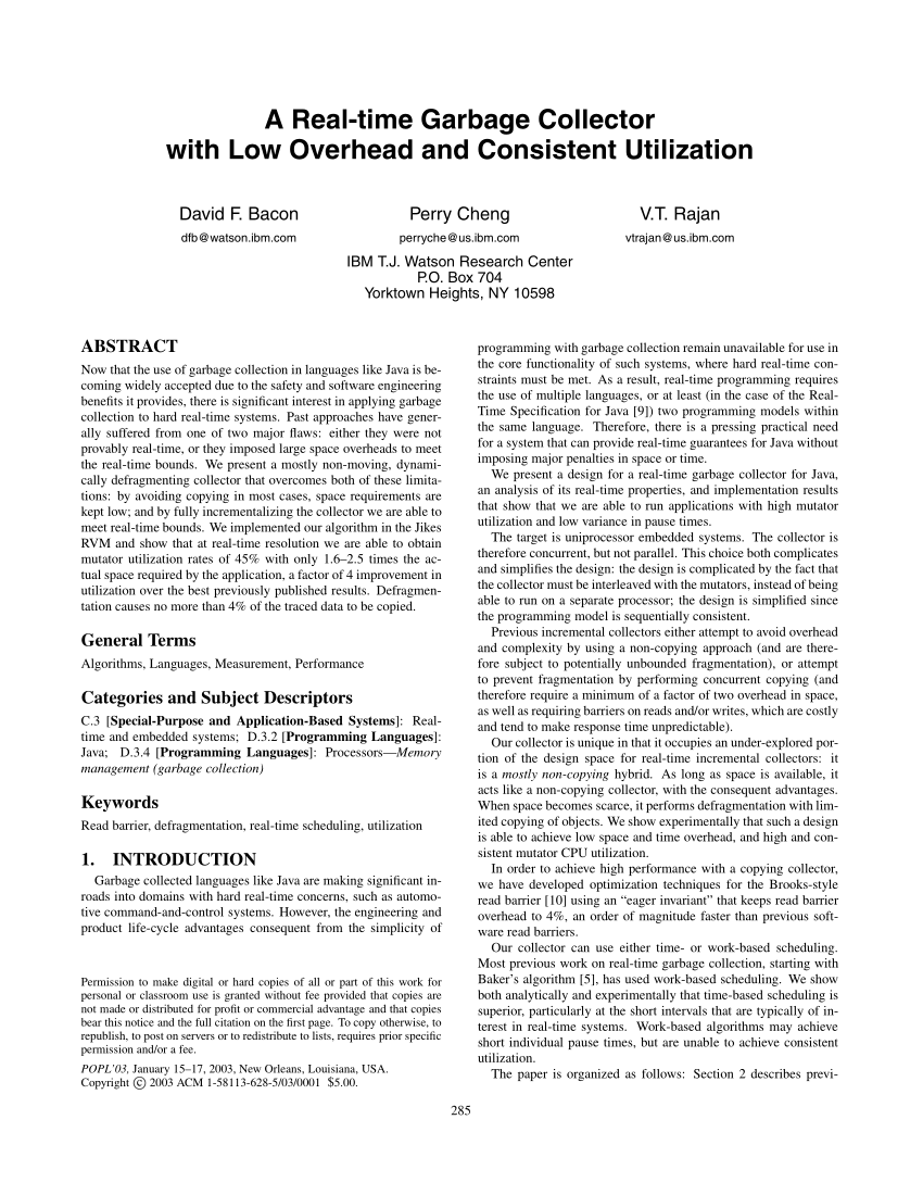 Pdf A Real Time Garbage Collector With Low Overhead And Consistent Utilization