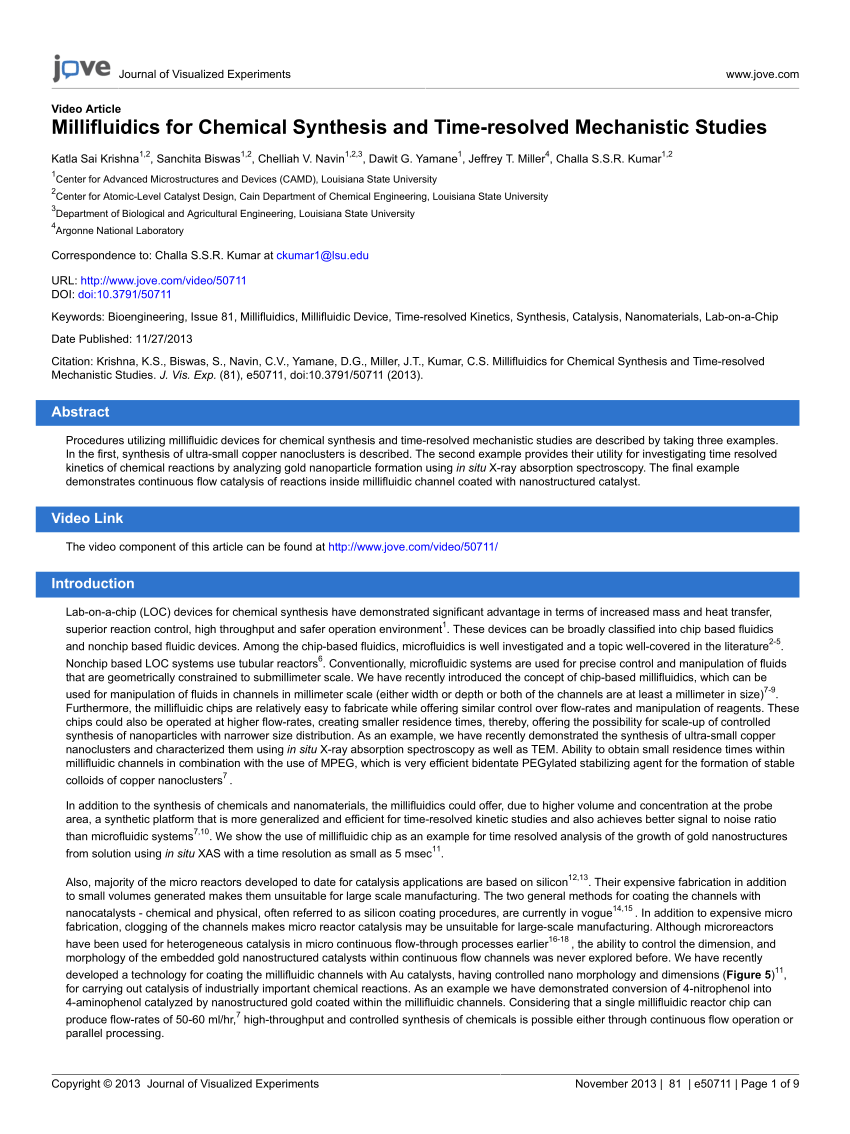 mechanistic studies d and time for chemical Millifluidics (PDF) synthesis