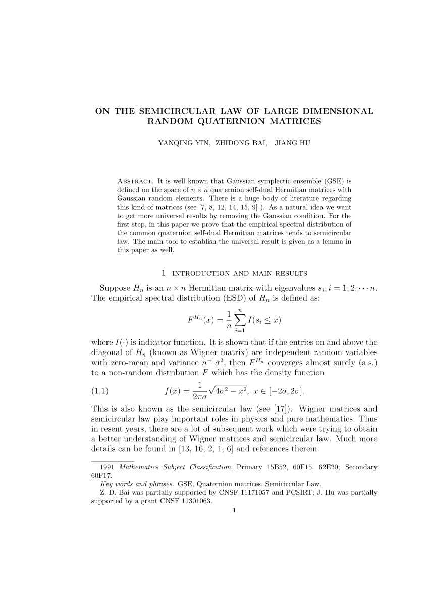 PDF) On the Semicircular Law of Large-Dimensional Random