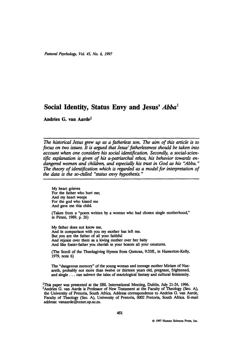 Pdf Social Identity Status Envy And Jesus Abba