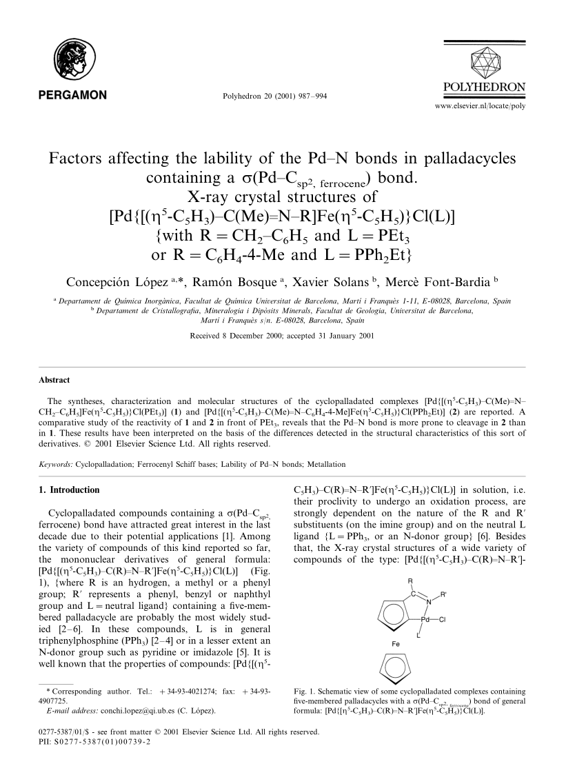 Pdf Factors Affecting The Lability Of The Pd N Bonds In Palladacycles Containing A S Pd Csp2 Ferrocene Bond X Ray Crystal Structures Of Pd H5 C5h3 C Me N R Fe H5 C5h5 Cl L With R Ch2 C6h5 And L Pet3 Or R C6h4 4 Me And L Pph2et