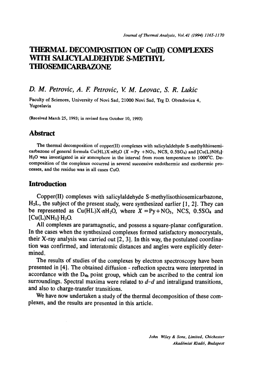 Pdf Thermal Decomposition Of Cu Ii Complexes With Salicylaldehyde S Methyl Thiosemicarbazone