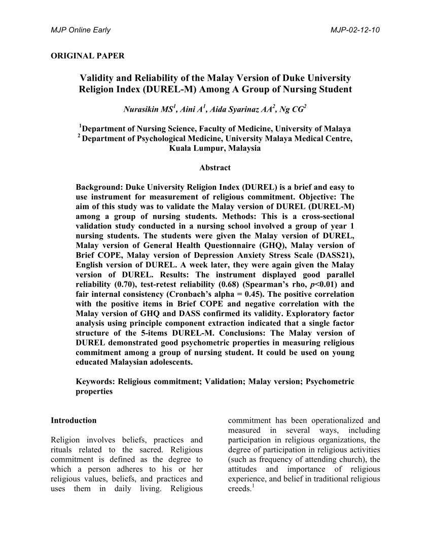 Pdf Validity And Reliability Of The Malay Version Of Duke University Religion Index Durel M Among A Group Of Nursing Student