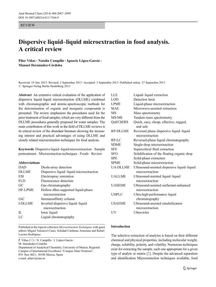 Pdf Dispersive Liquid Liquid Microextraction In Food Analysis A Critical Review Microextraction Techniques