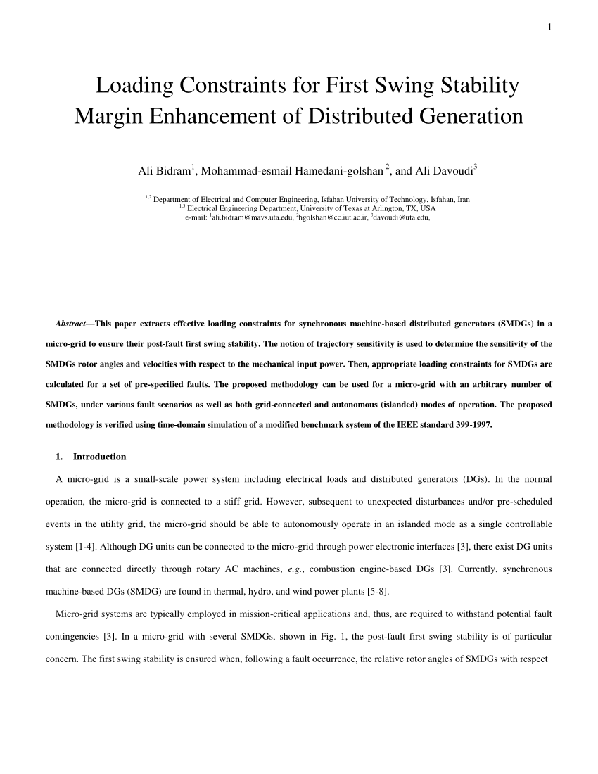 Pdf Loading Constraints For First Swing Stability Margin Enhancement Of Distributed Generation