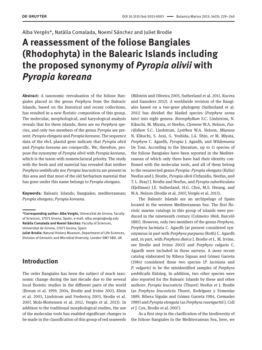 Pdf A Reassessment Of The Foliose Bangiales Rhodophyta In The Balearic Islands Including The Proposed Synonymy Of Pyropia Olivii With Pyropia Koreana