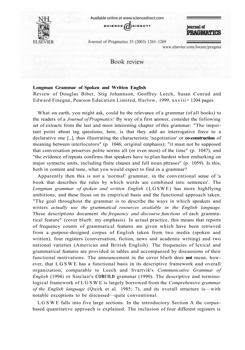 PDF) Longman Grammar of Spoken and Written English: Review of 