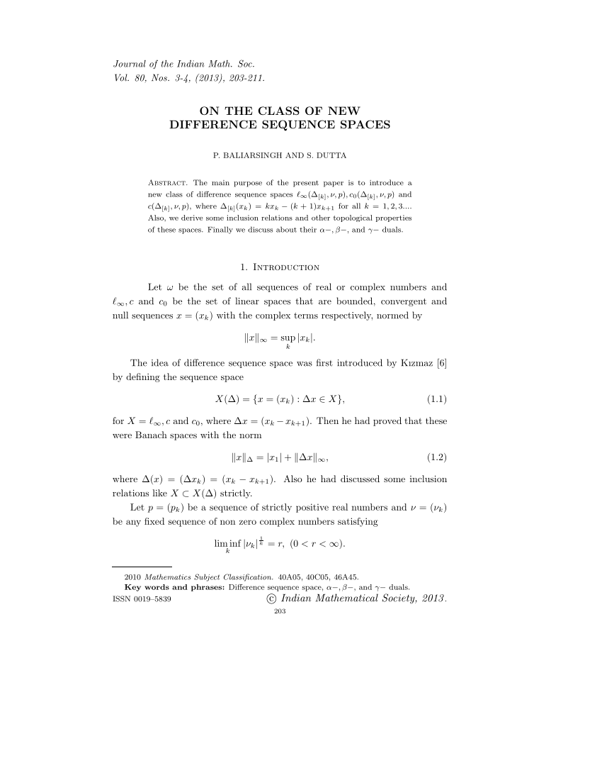 Pdf On The Class Of New Difference Sequence Spaces