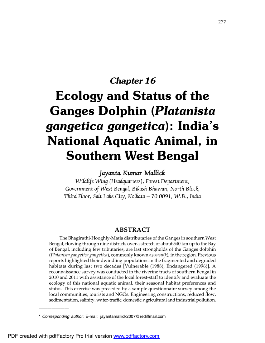 PDF) Ecology and Status of the Ganges Dolphin (Platanista gangetica  gangetica): India's National Aquatic Animal in Southern West Bengal