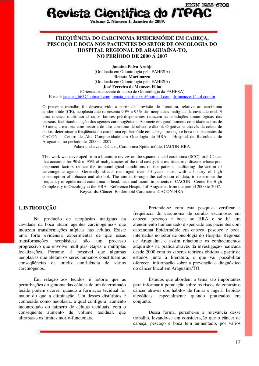 PDF) prevalencia do carcinoma epidermoide de cabea pescoo e boca ...