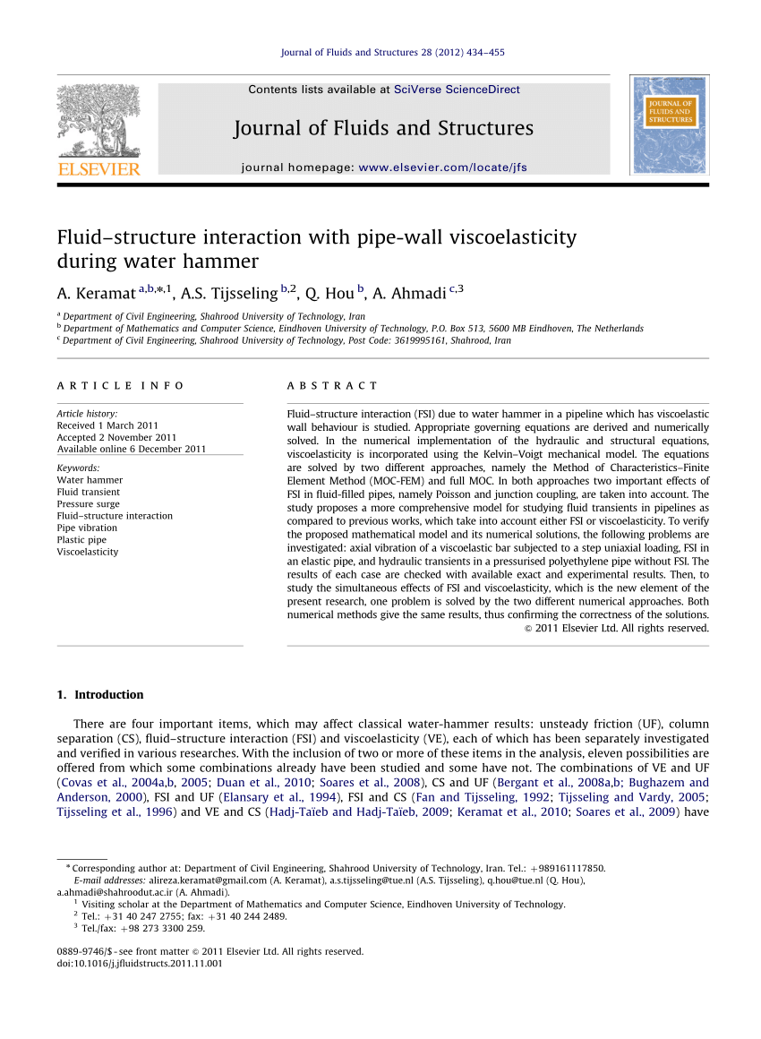 Pdf Fluid Structure Interaction With Pipe Wall Viscoelasticity During Water Hammer