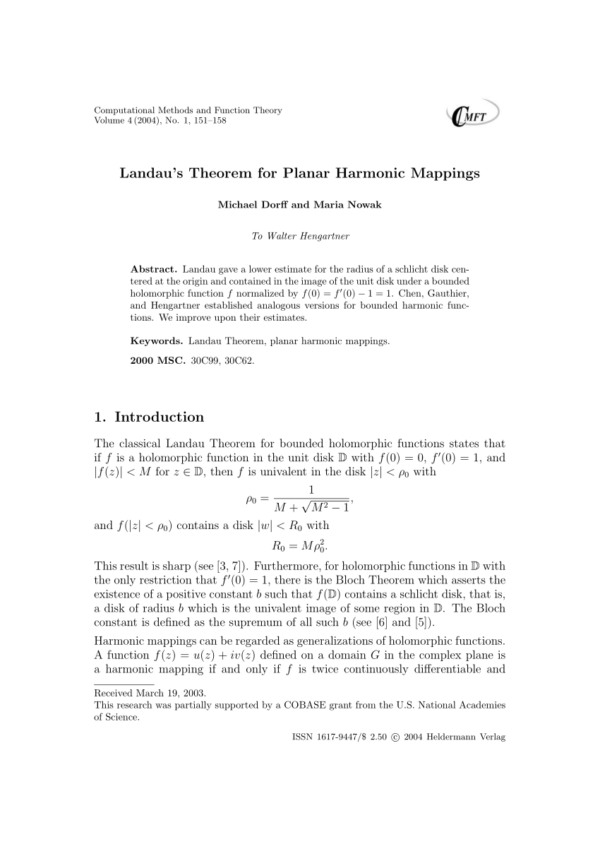 Pdf Landau S Theorem For Planar Harmonic Mappings