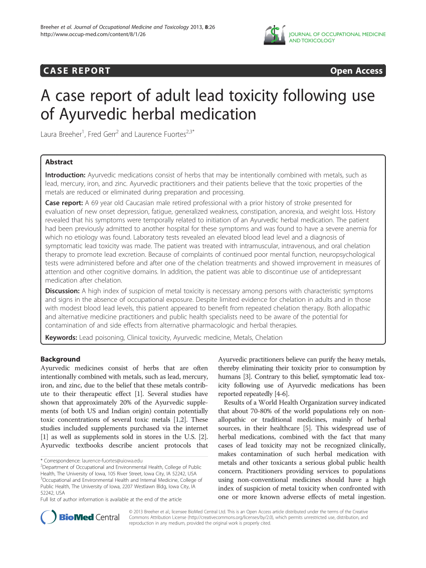 Pdf A Case Report Of Adult Lead Toxicity Following Use Of Ayurvedic Herbal Medication 2484