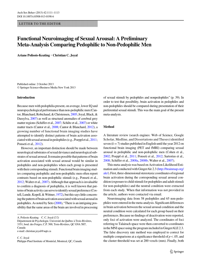 PDF) Functional Neuroimaging of Sexual Arousal: A Preliminary Meta-Analysis  Comparing Pedophilic to Non-Pedophilic Men