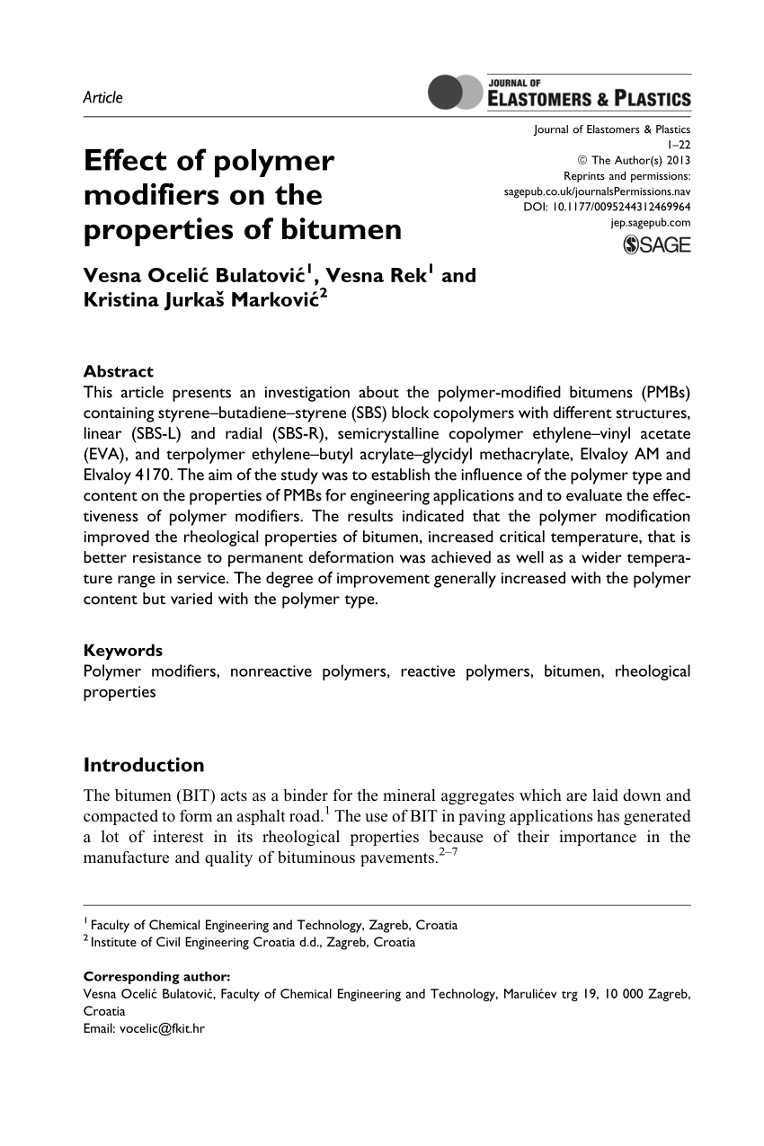 Pdf Effect Of Polymer Modifiers On The Properties Of Bitumen