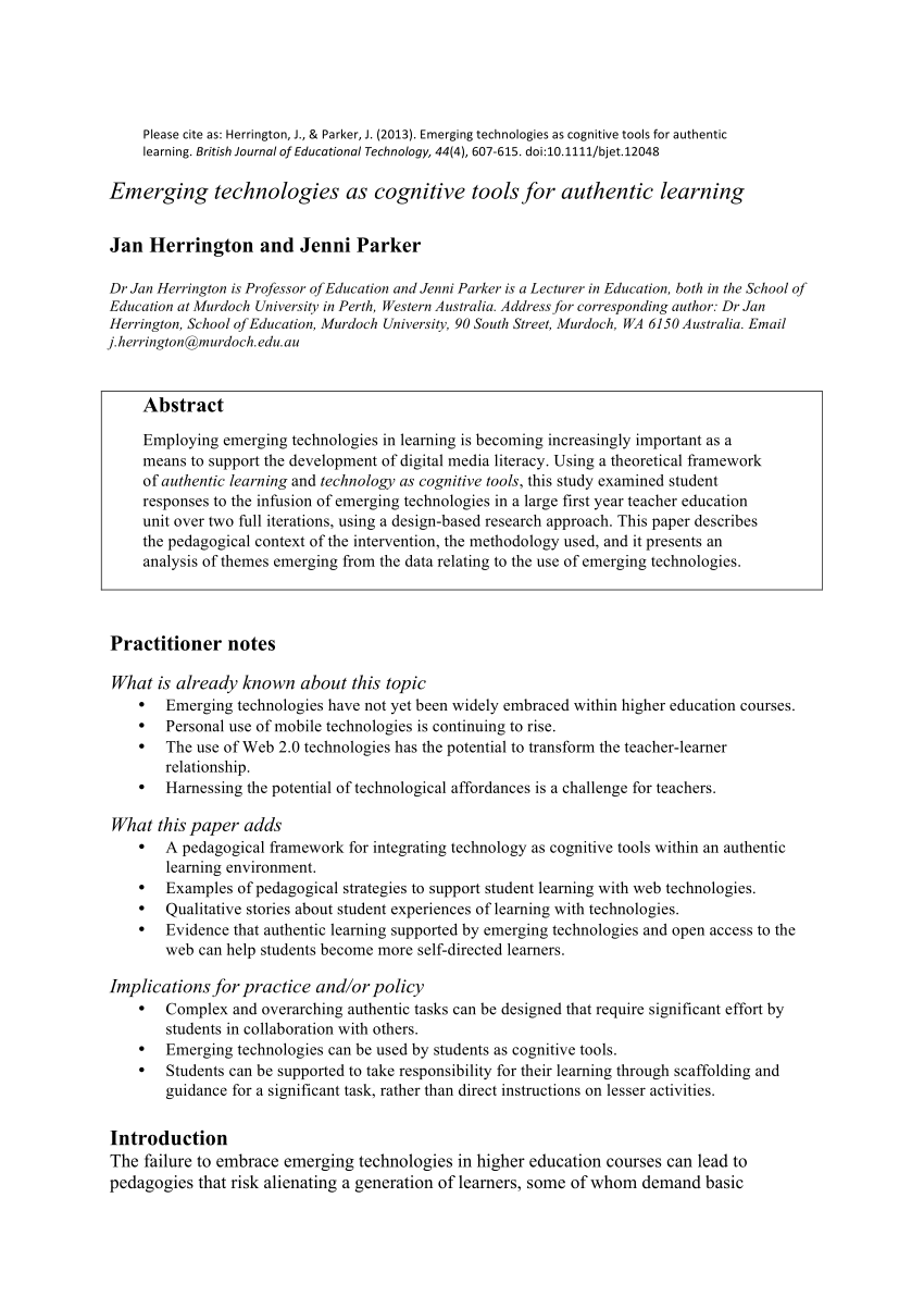 Pdf Emerging Technologies As Cognitive Tools For Authentic Learning