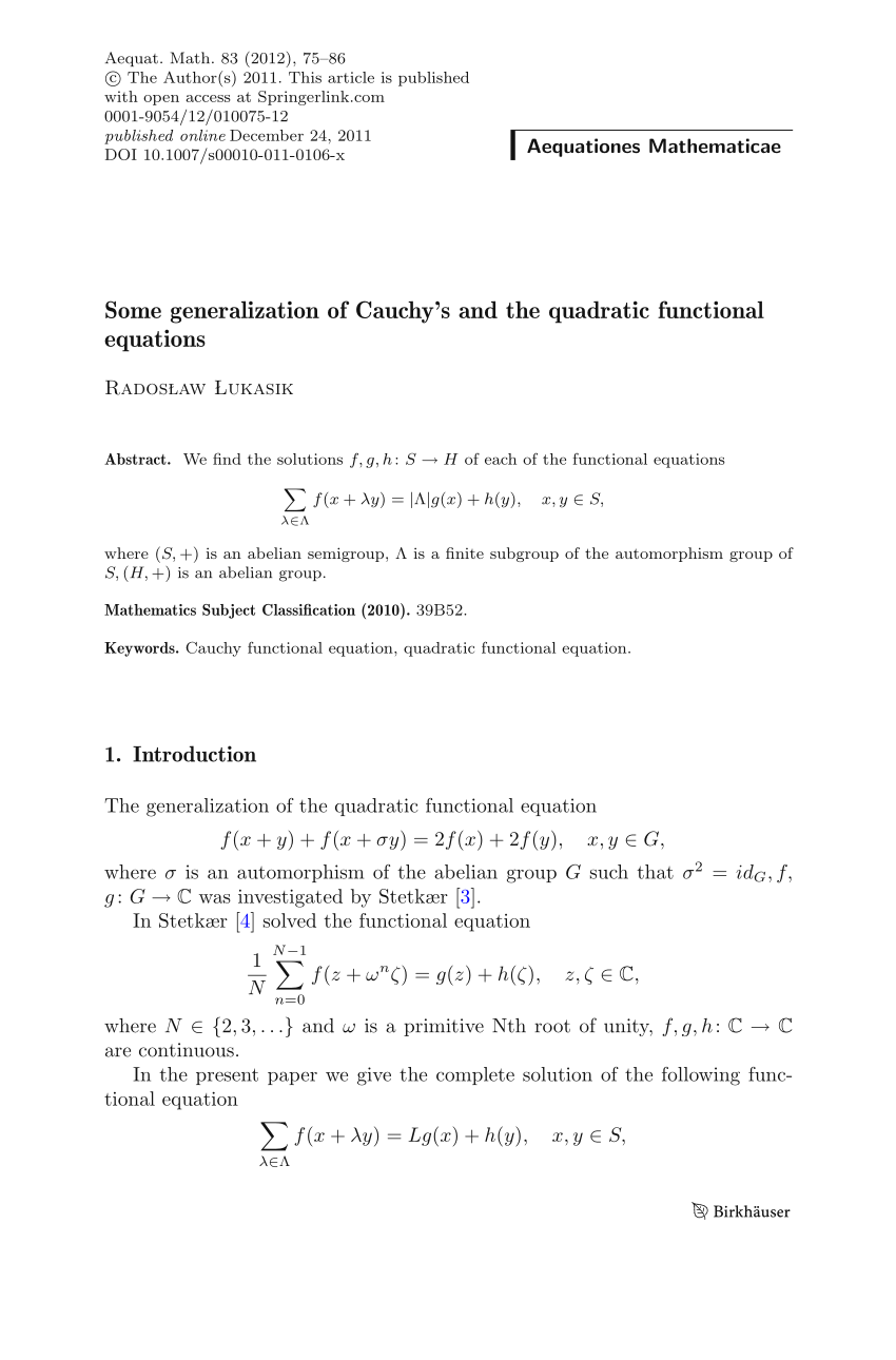 Pdf Some Generalization Of Cauchy S And The Quadratic Functional Equations