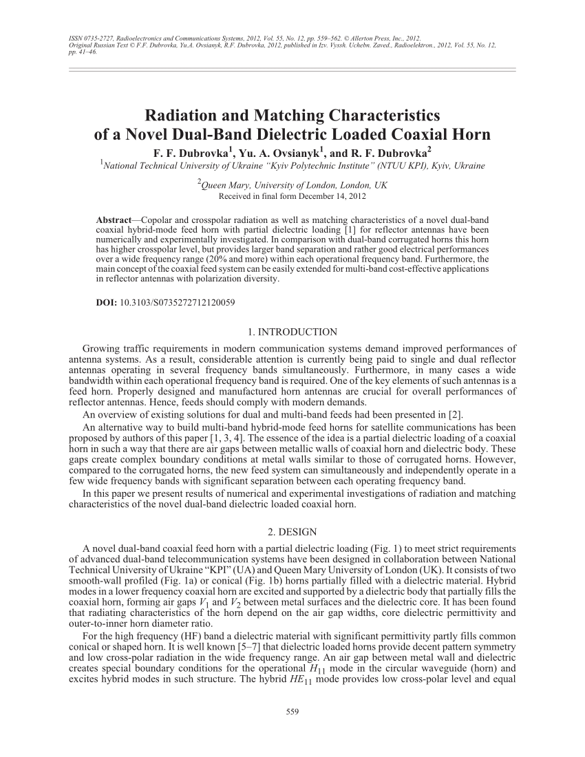 Pdf Radiation And Matching Characteristics Of A Novel Dual Band Dielectric Loaded Coaxial Horn