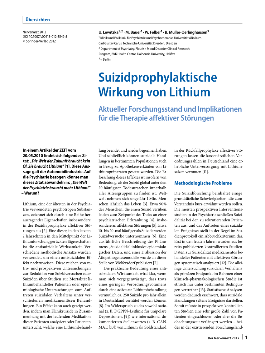 PDF Suizidprophylaktische Wirkung von Lithium