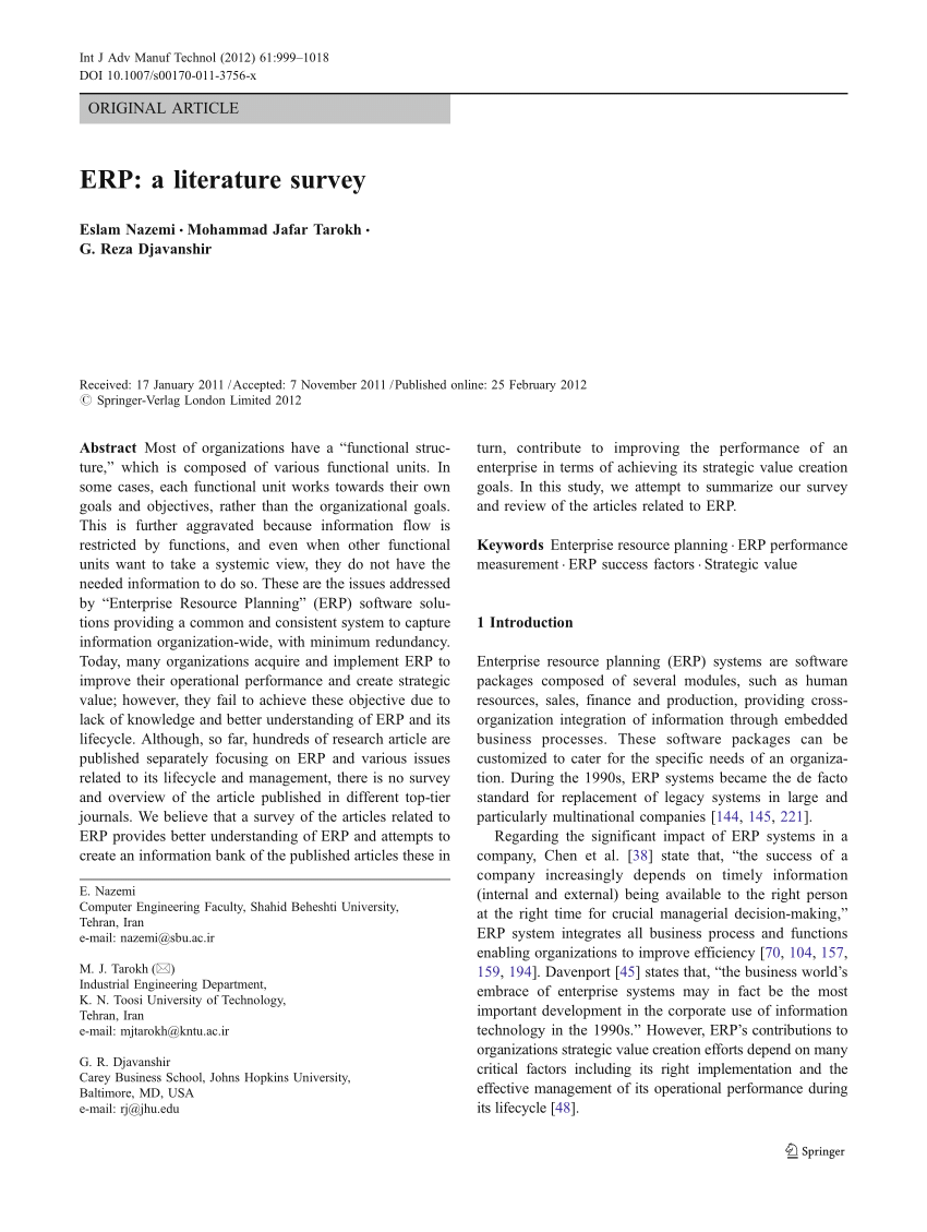 literature review of erp systems