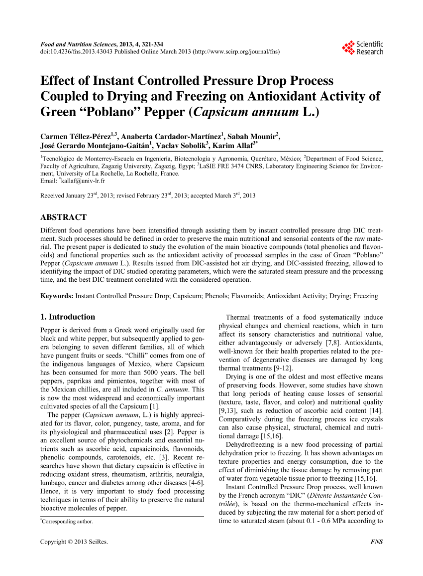 Pdf Effect Of Instant Controlled Pressure Drop Process Coupled To Drying And Freezing On Antioxidant Activity Of Green Poblano Pepper Capsicum Annuum L