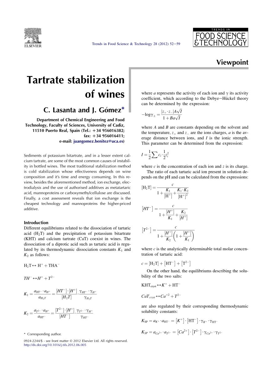 Pdf Tartrate Stabilization Of Wines