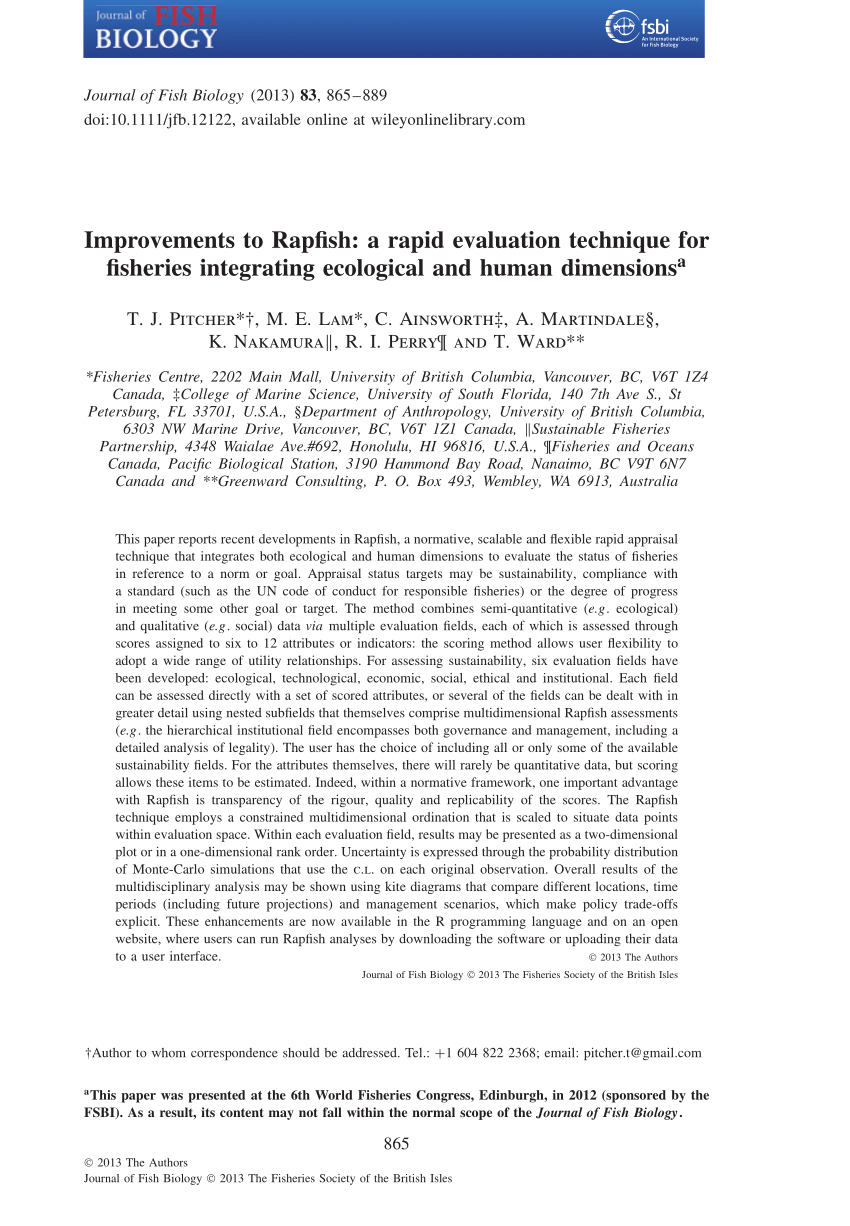 Pdf Improvements To Rapfish A Rapid Evaluation Technique For Fisheries Integrating Ecological And Human Dimensionsa