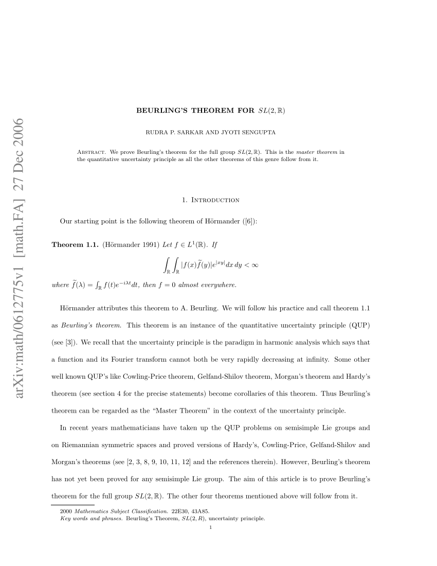 PDF Beurling s theorem for SL 2 mathbb R