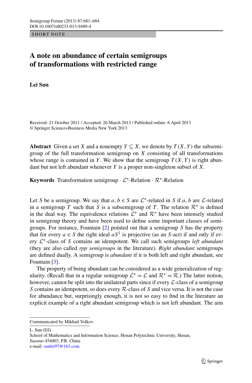Pdf A Note On Abundance Of Certain Semigroups Of Transformations With Restricted Range