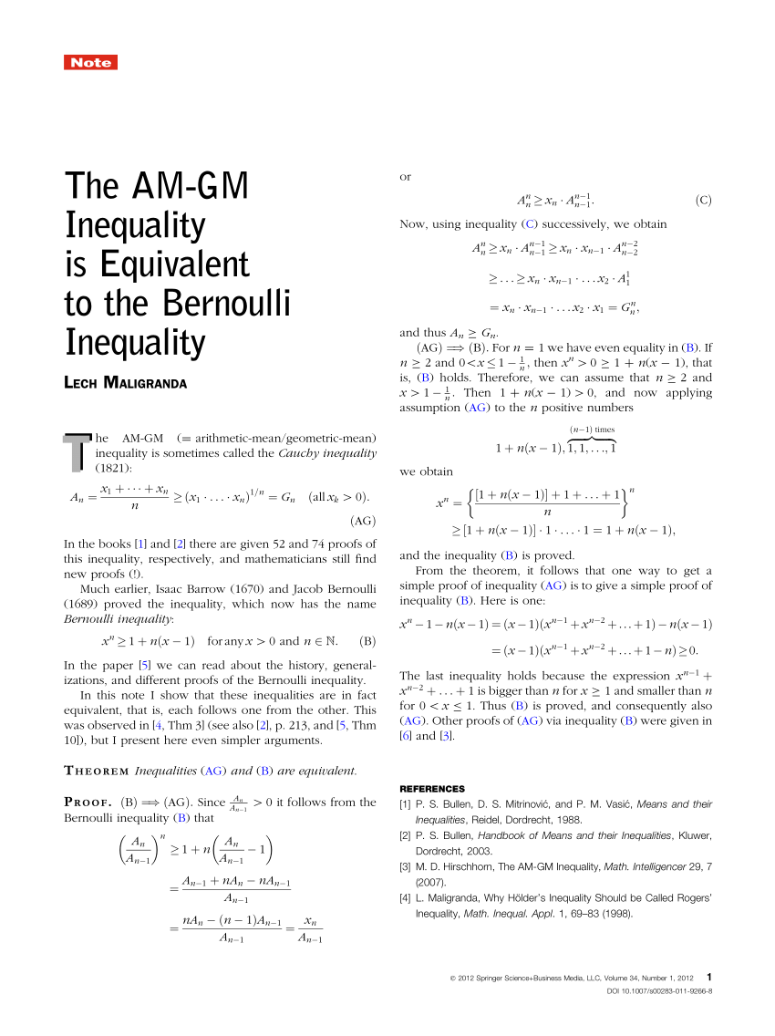 Pdf The Am Gm Inequality Is Equivalent To The Bernoulli Inequality