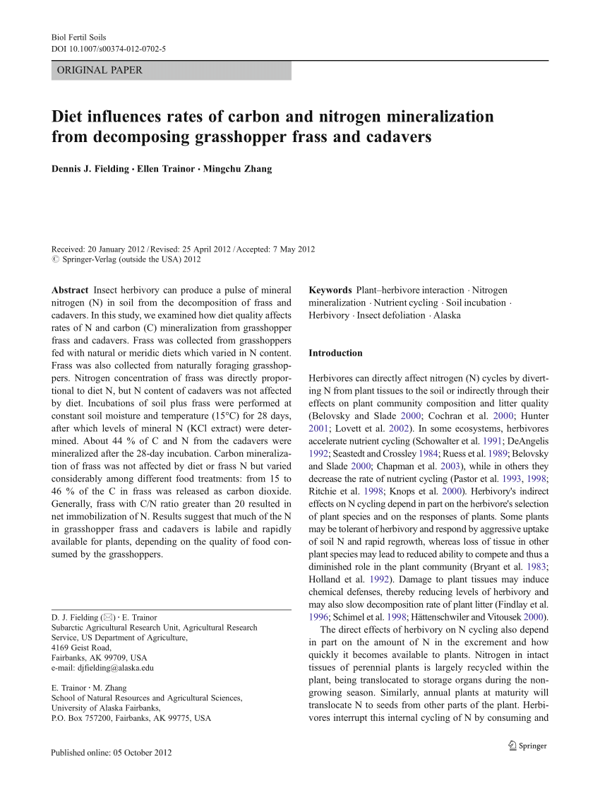 Pdf Diet Influences Rates Of Carbon And Nitrogen Mineralization From Decomposing Grasshopper Frass And Cadavers